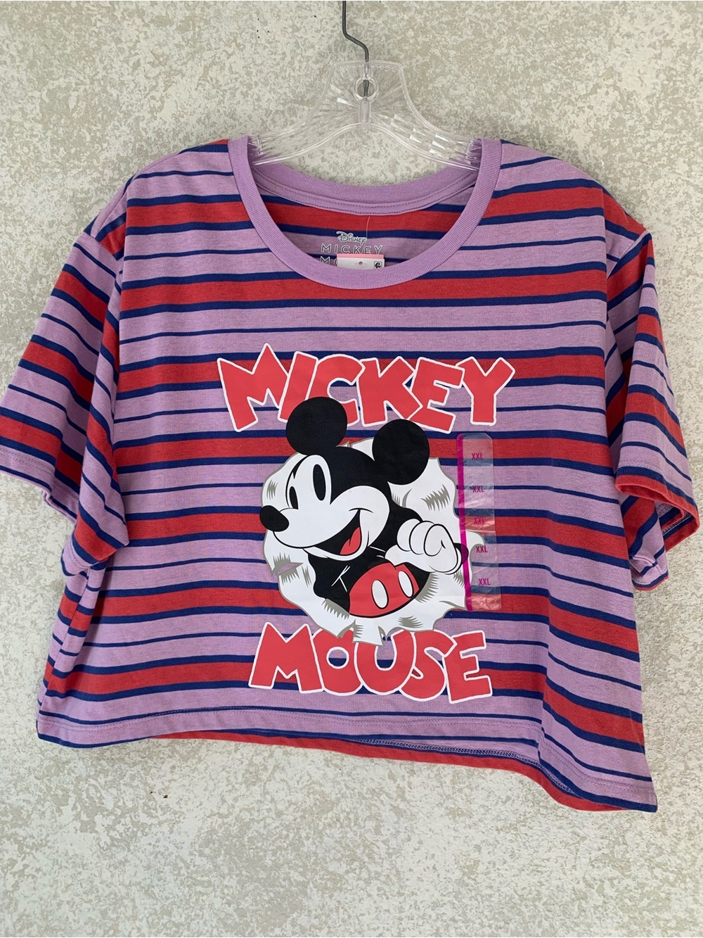 Disney Mickey Mouse Striped Cropped Graphic T-Shirt Purple Red XXL NEW